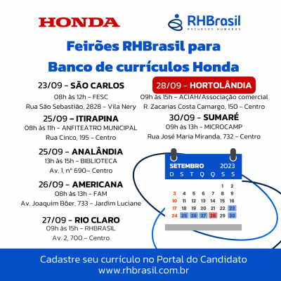 Feirões RHBrasil para Banco de Talentos da Honda!