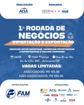 Vem aí a 1ª Rodada de Negócios de Importação e Exportação, promovida pelo HUB de Exportação da ACIA em parceria com o CECIEx 